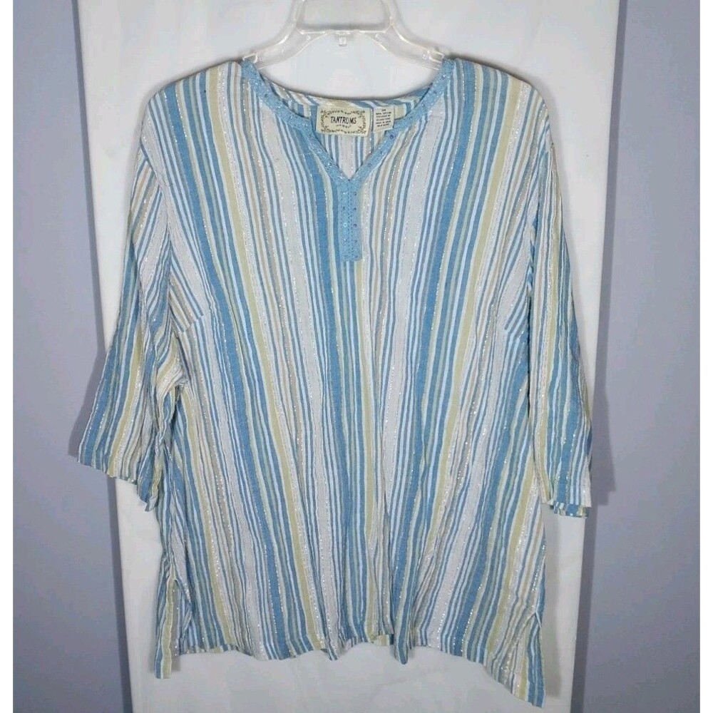 Womens Boho Tunic Top 3X Blue Striped Lightweight Crinkle Cotton Sequin Neck